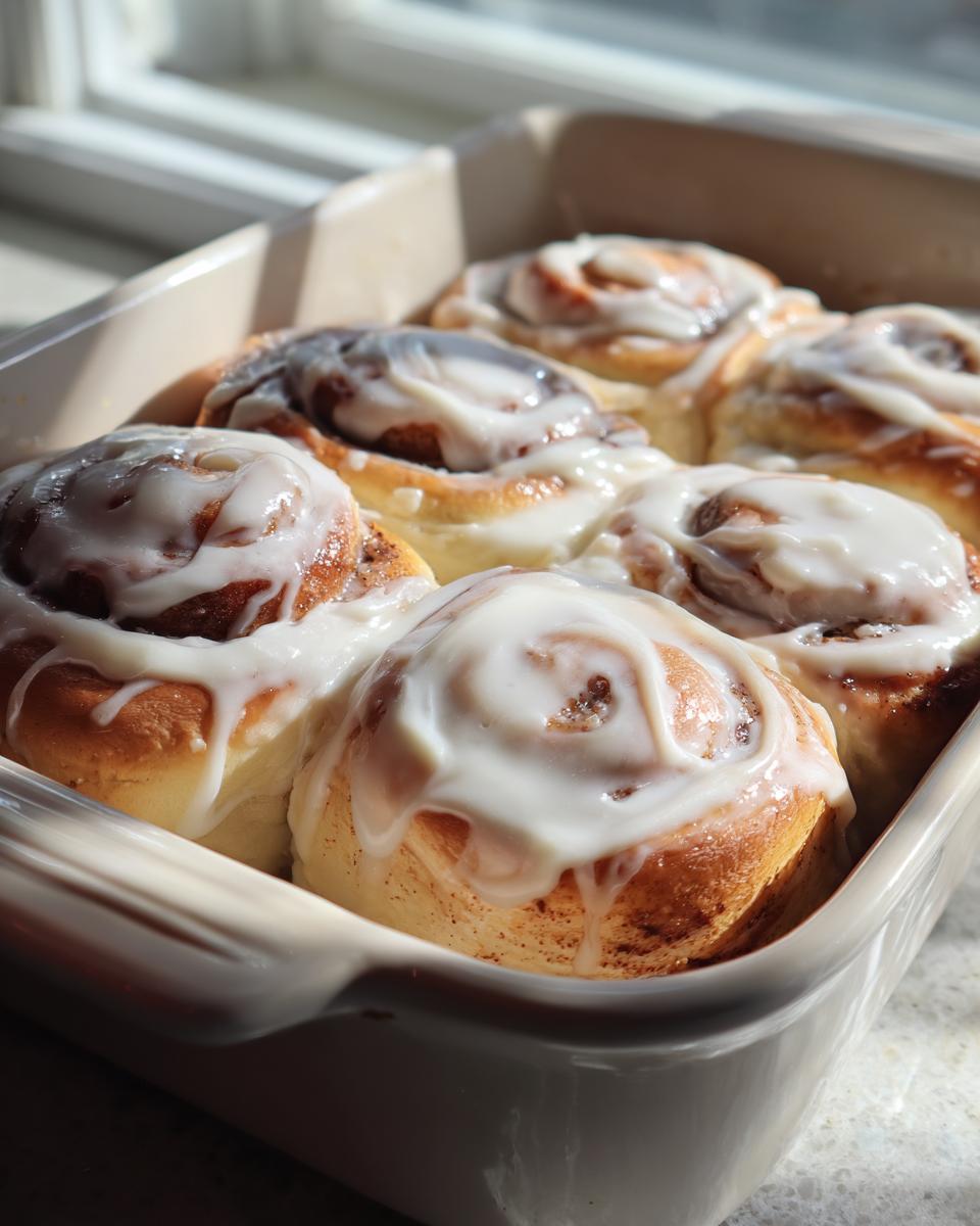 Close-up of freshly baked sourdough discard cinnamon rolls topped with thick white icing in a baking dish.