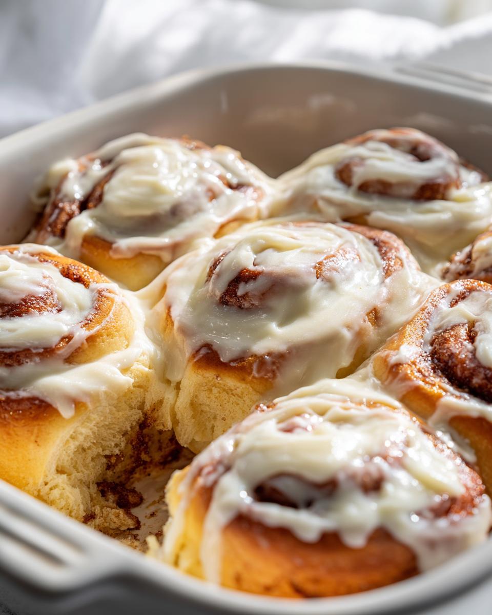 Close-up of freshly baked sourdough discard cinnamon rolls covered in thick white cream cheese icing in a baking dish.