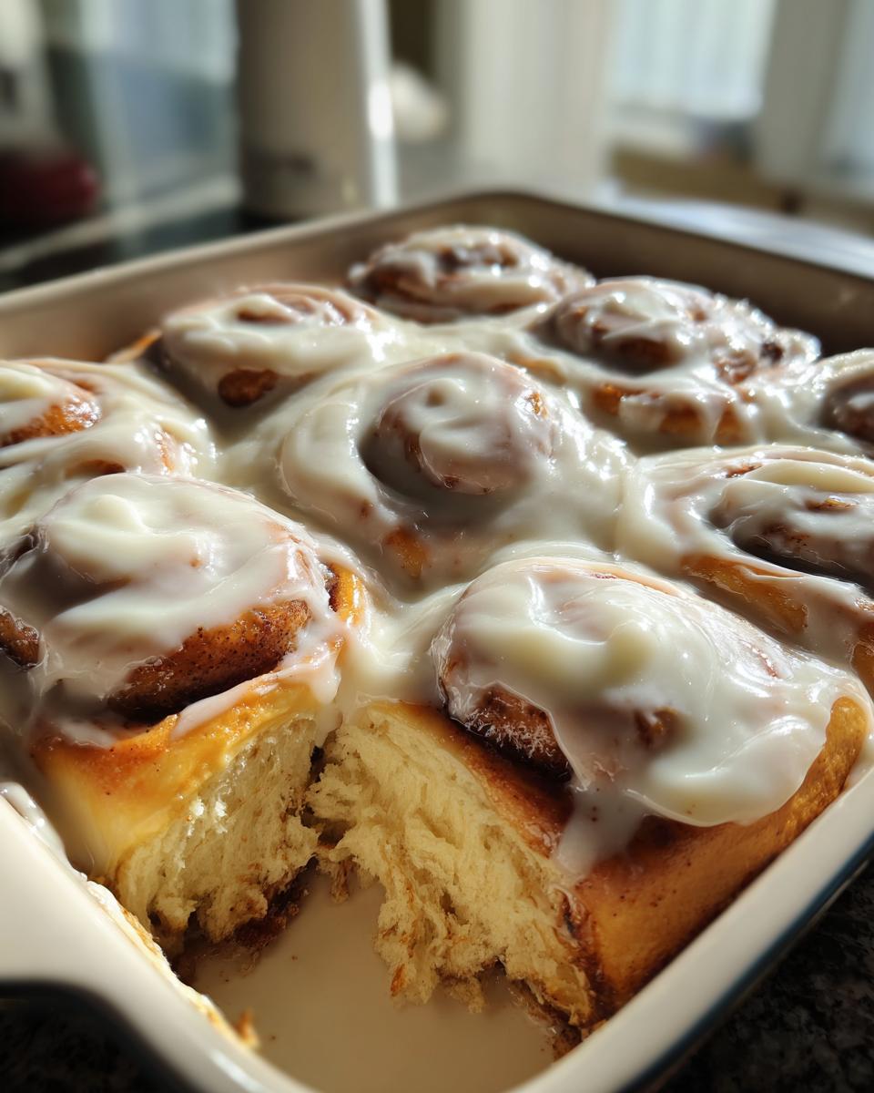 Close-up of freshly baked sourdough discard cinnamon rolls covered in thick white frosting, one roll pulled apart showing soft interior.