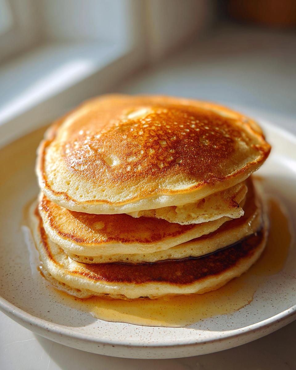 A tall stack of golden brown sourdough discard pancakes drizzled with syrup on a speckled white plate.