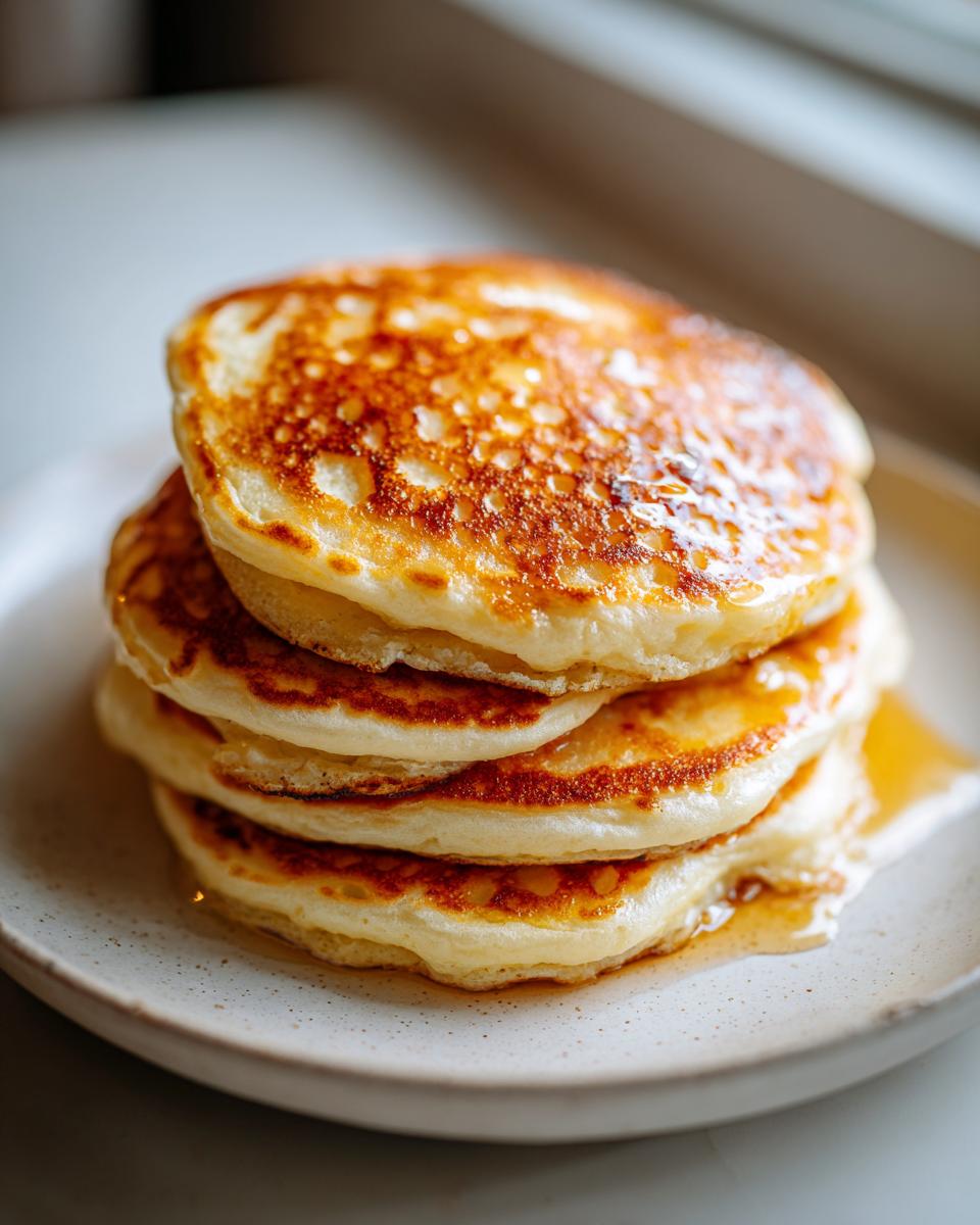 A stack of four golden-brown sourdough discard pancakes drizzled with syrup on a speckled white plate.
