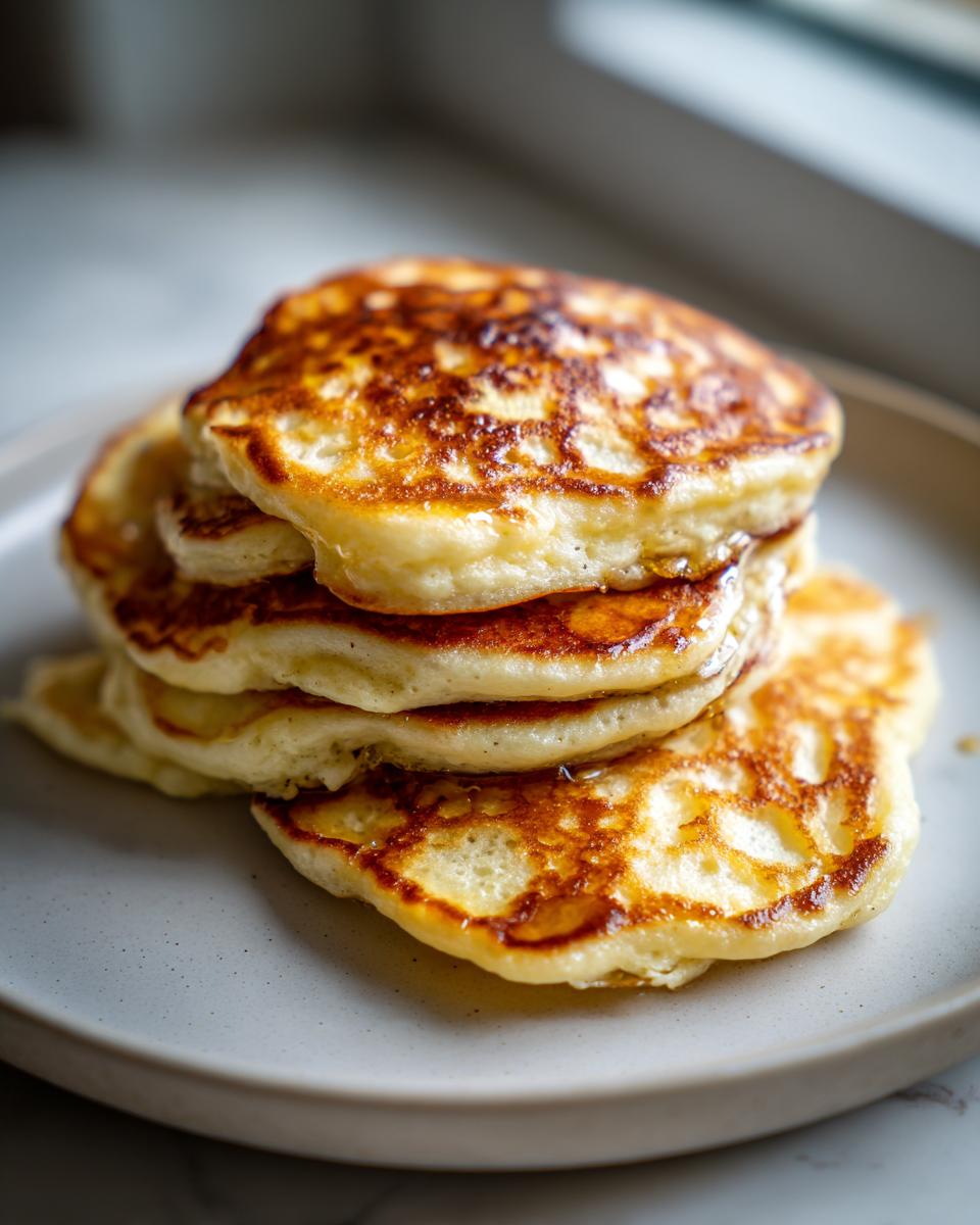 A stack of four golden-brown sourdough discard pancakes drizzled with syrup on a light grey plate.