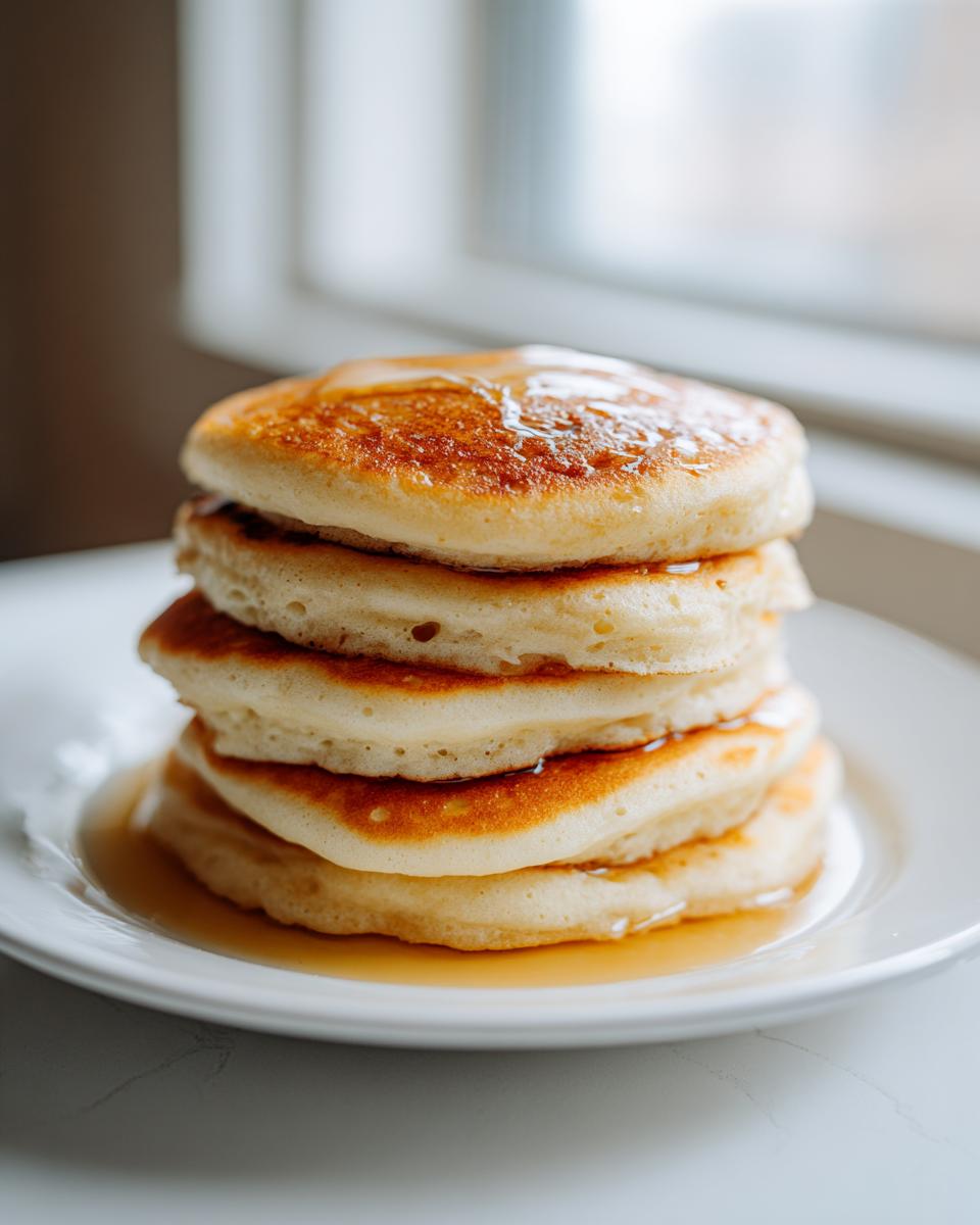 A tall stack of four fluffy sourdough discard pancakes drizzled with maple syrup on a white plate.