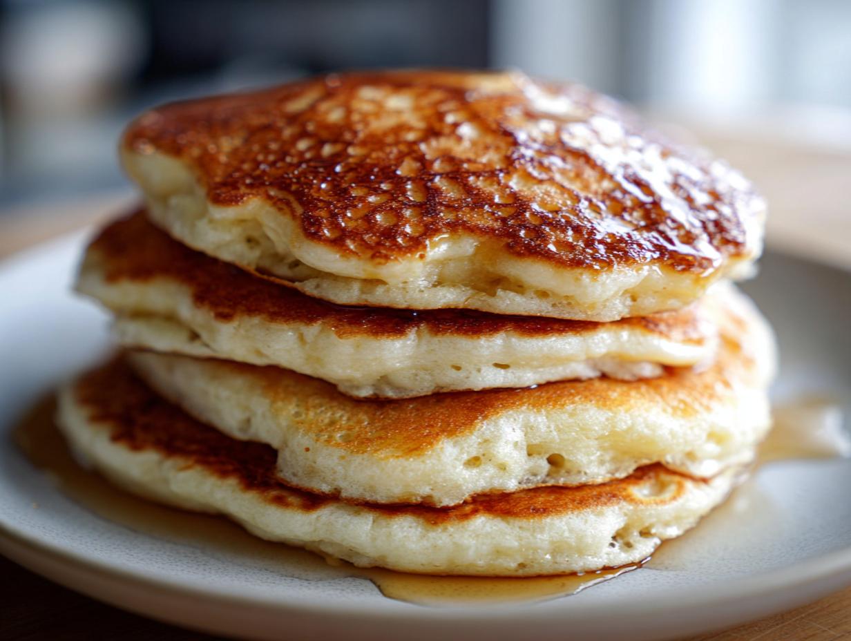 A close-up stack of four fluffy sourdough discard pancakes drizzled generously with golden syrup.