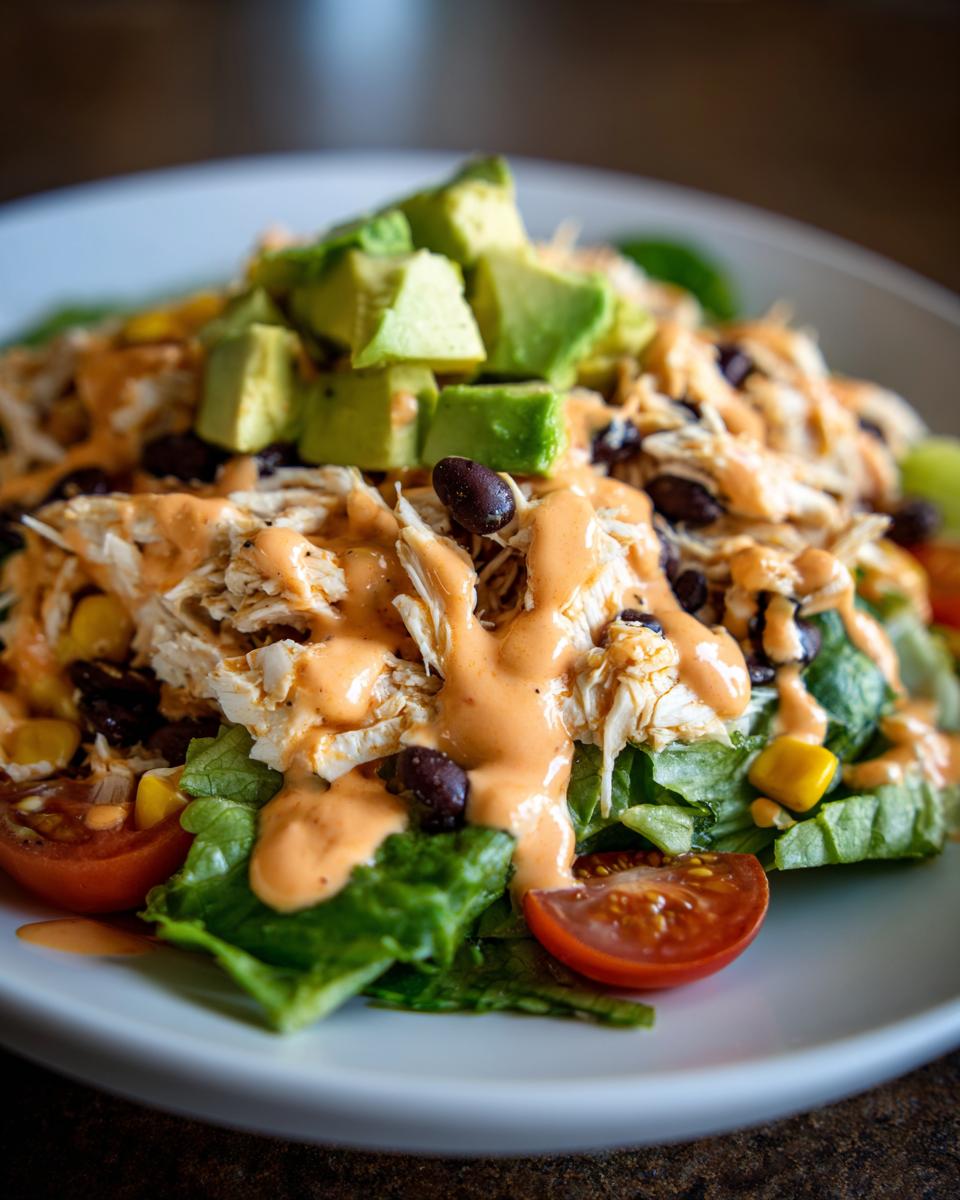 A close-up of a vibrant southwest chicken salad featuring shredded chicken, black beans, corn, and topped with diced avocado and creamy dressing.
