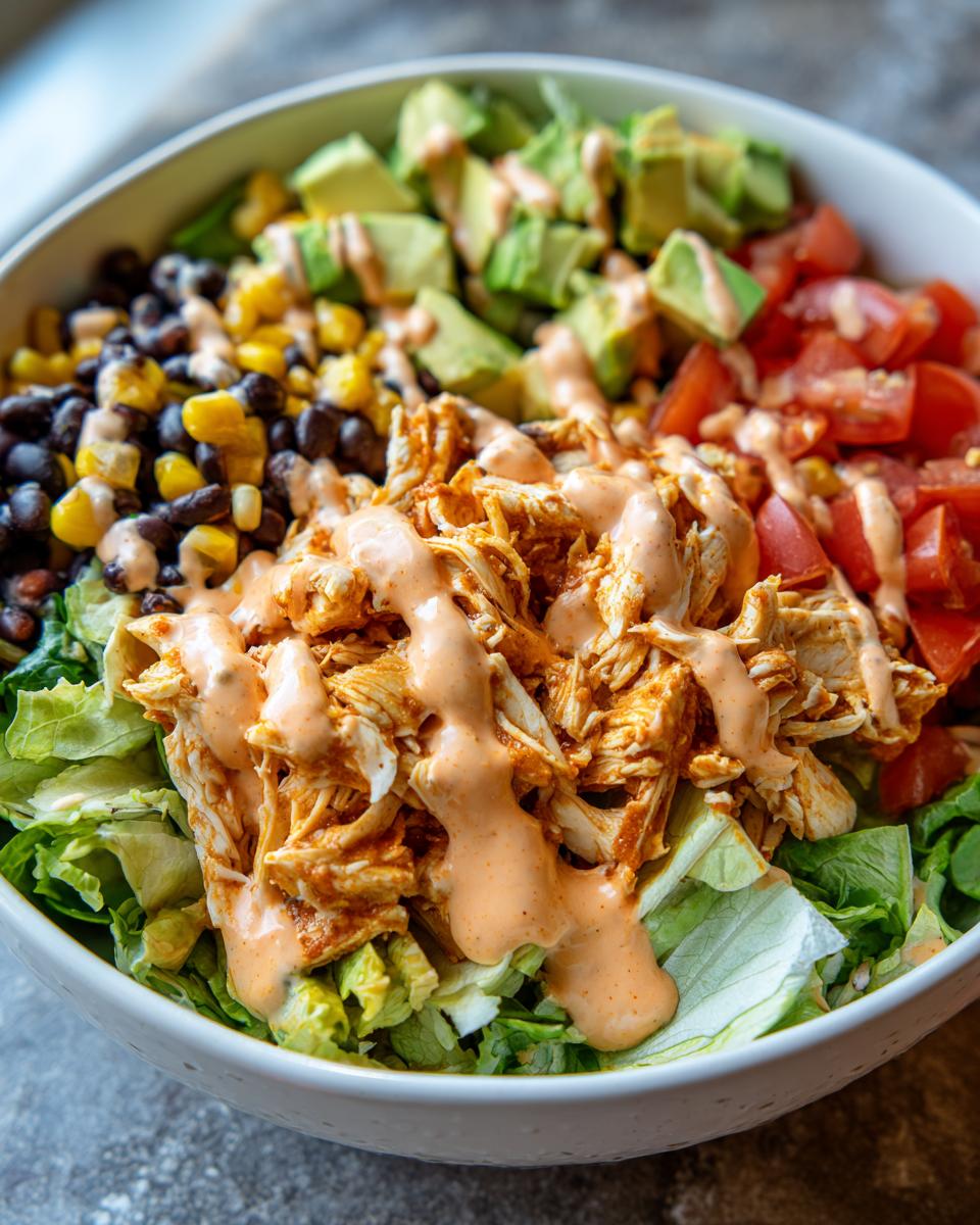 Close-up of a vibrant southwest chicken salad bowl featuring shredded chicken, black beans, corn, avocado, tomatoes, and creamy dressing.