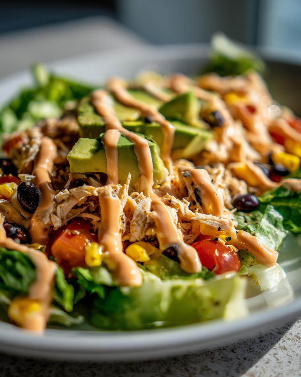 Close-up of a vibrant southwest chicken salad featuring shredded chicken, avocado slices, black beans, corn, and a creamy drizzle.