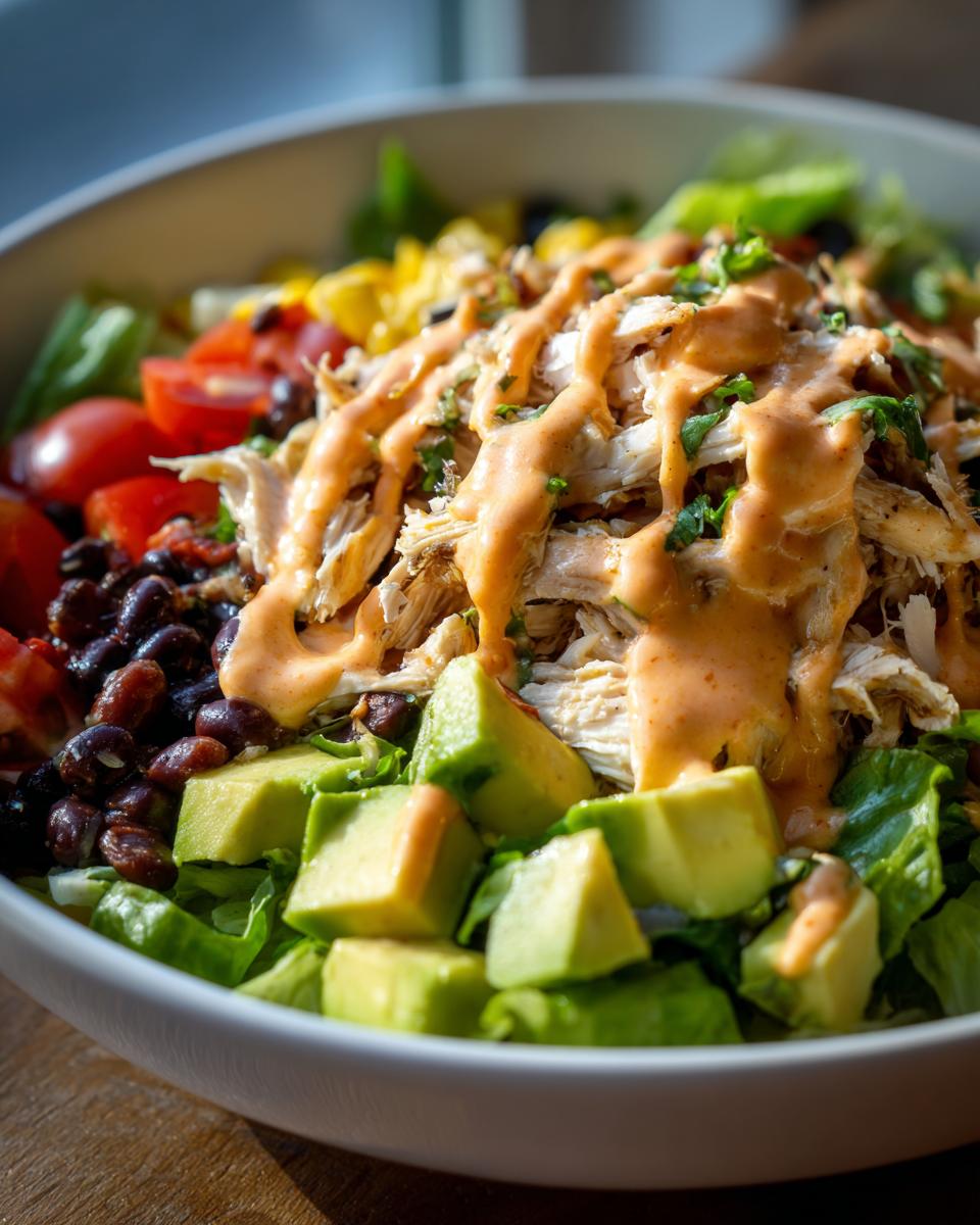 A vibrant bowl of southwest chicken salad featuring shredded chicken, avocado cubes, black beans, tomatoes, and a creamy orange dressing.