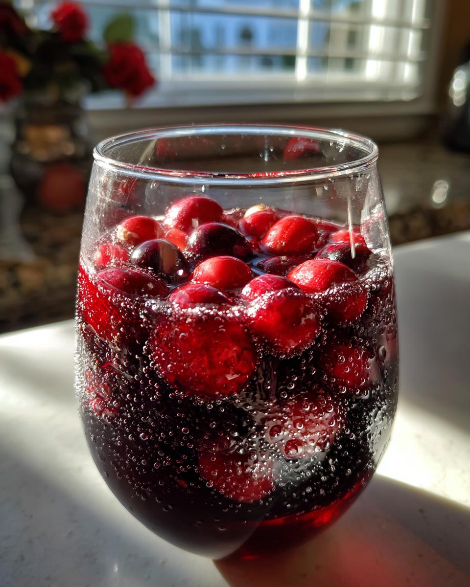 Close-up of a glass filled with bubbly red liquid and whole cranberries, perfect for holiday sangria.