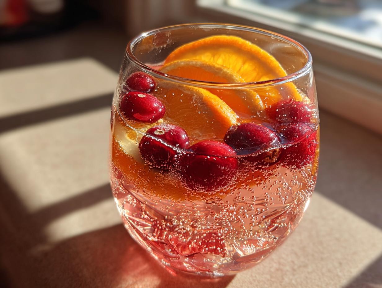 Close-up of a glass filled with pink, bubbly champagne punch garnished with fresh cranberries and orange slices.