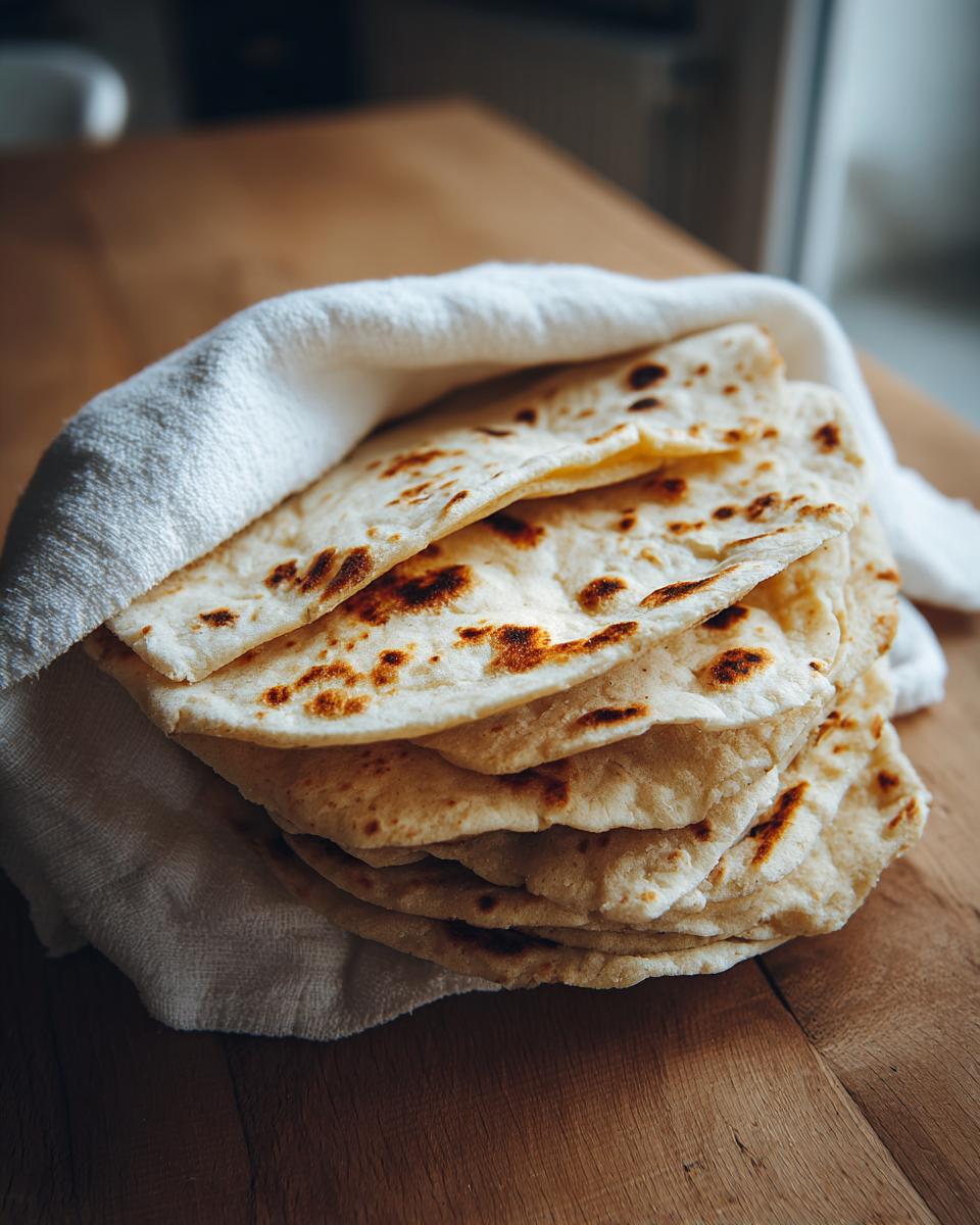 A warm stack of freshly made corn tortillas wrapped partially in a white cloth on a wooden surface.