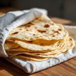 A warm stack of freshly made corn tortillas wrapped partially in a white cloth on a wooden surface.