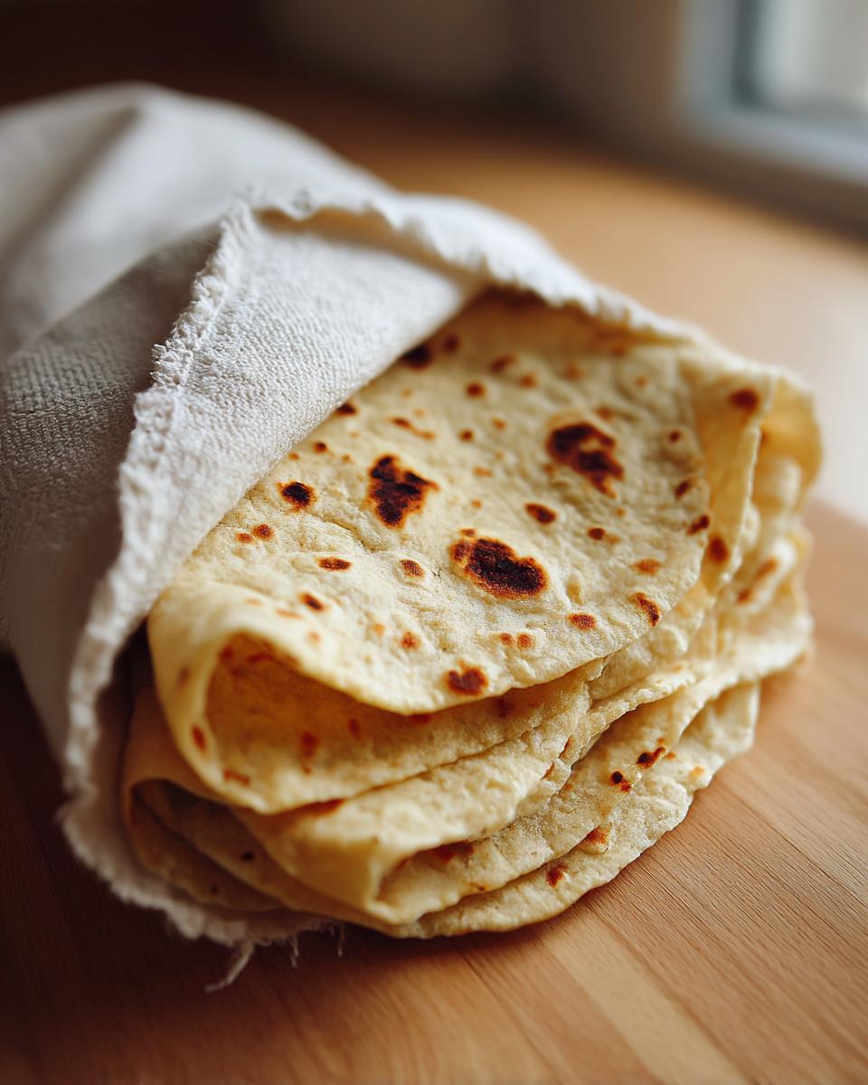 A stack of freshly made, warm corn tortillas wrapped partially in a white cloth on a wooden surface.