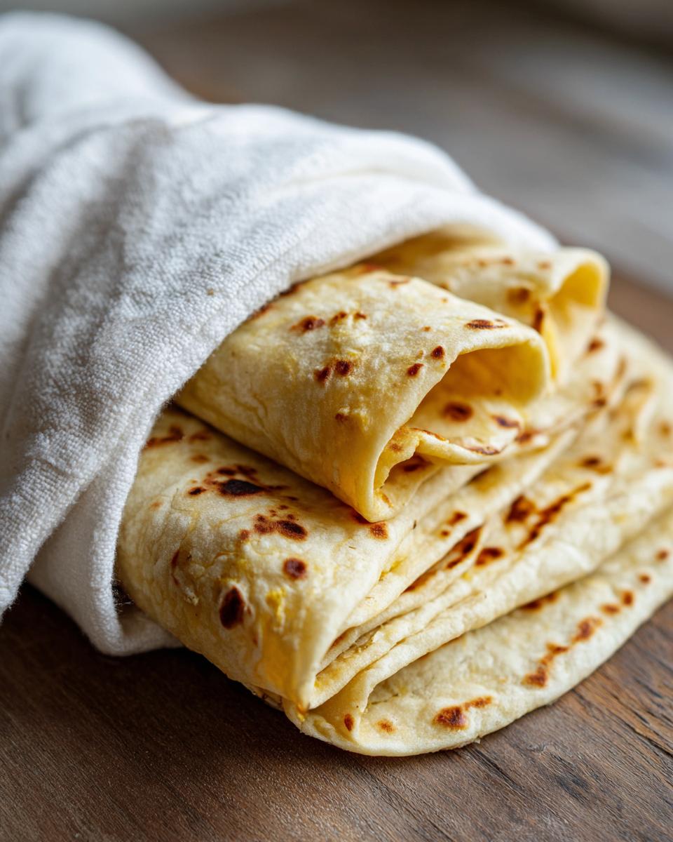 A stack of warm, freshly made corn tortillas wrapped partially in a white cloth on a wooden surface.