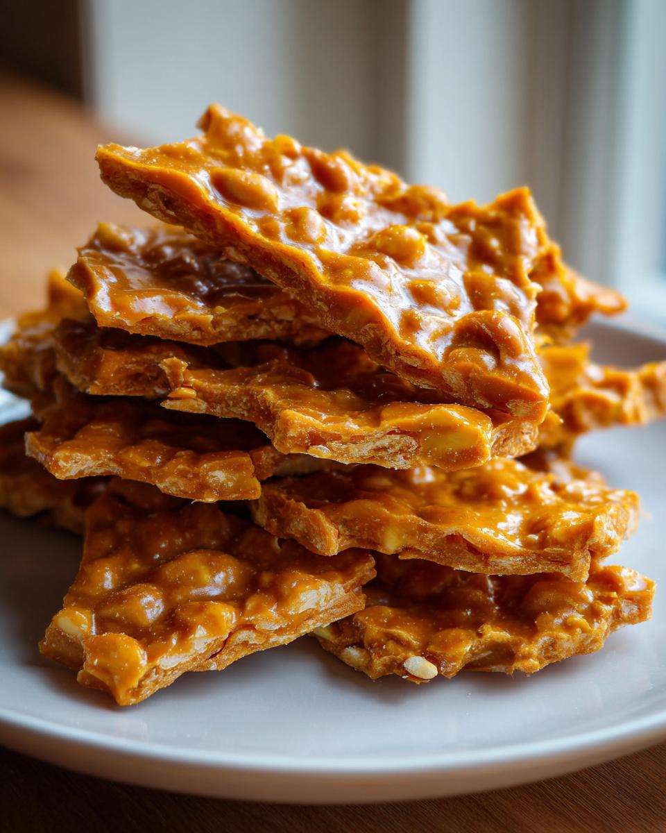 A stack of broken, glossy pieces of homemade peanut brittle recipe on a light gray plate.