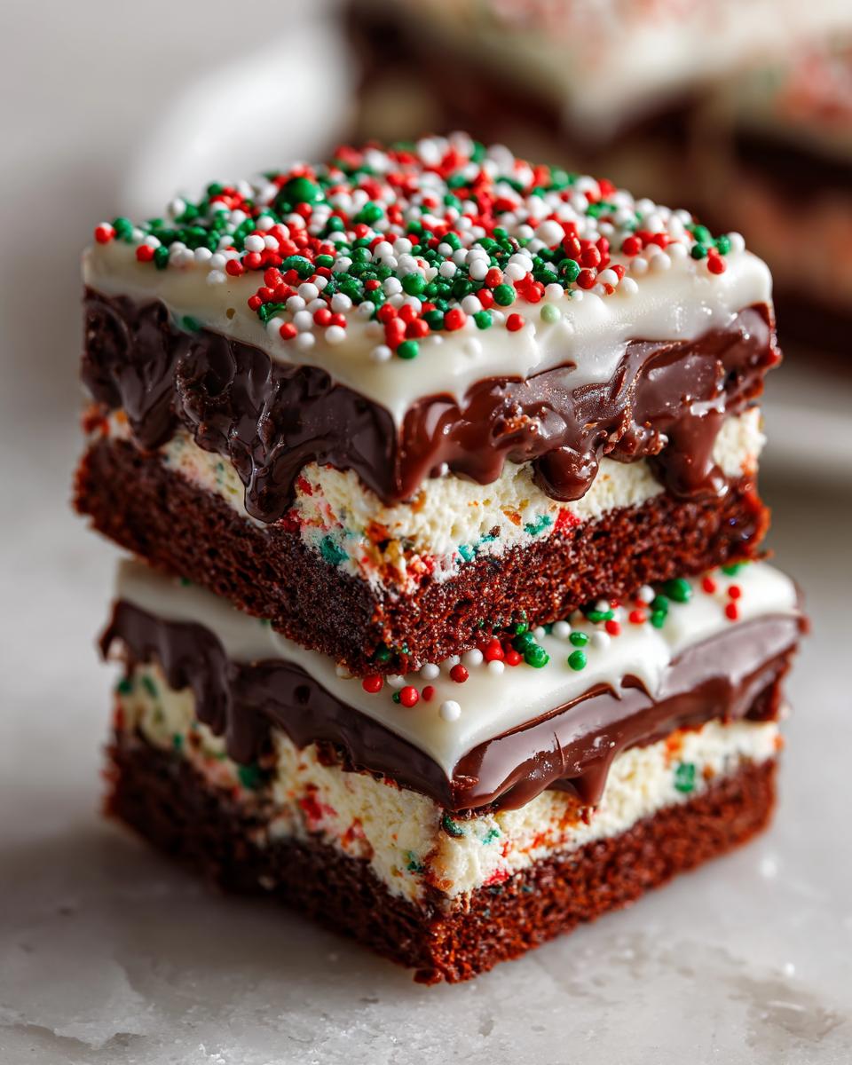 Two stacked squares of Christmas tree cheesecake bars featuring a dark chocolate base, creamy filling, chocolate ganache, and red, green, and white sprinkles.