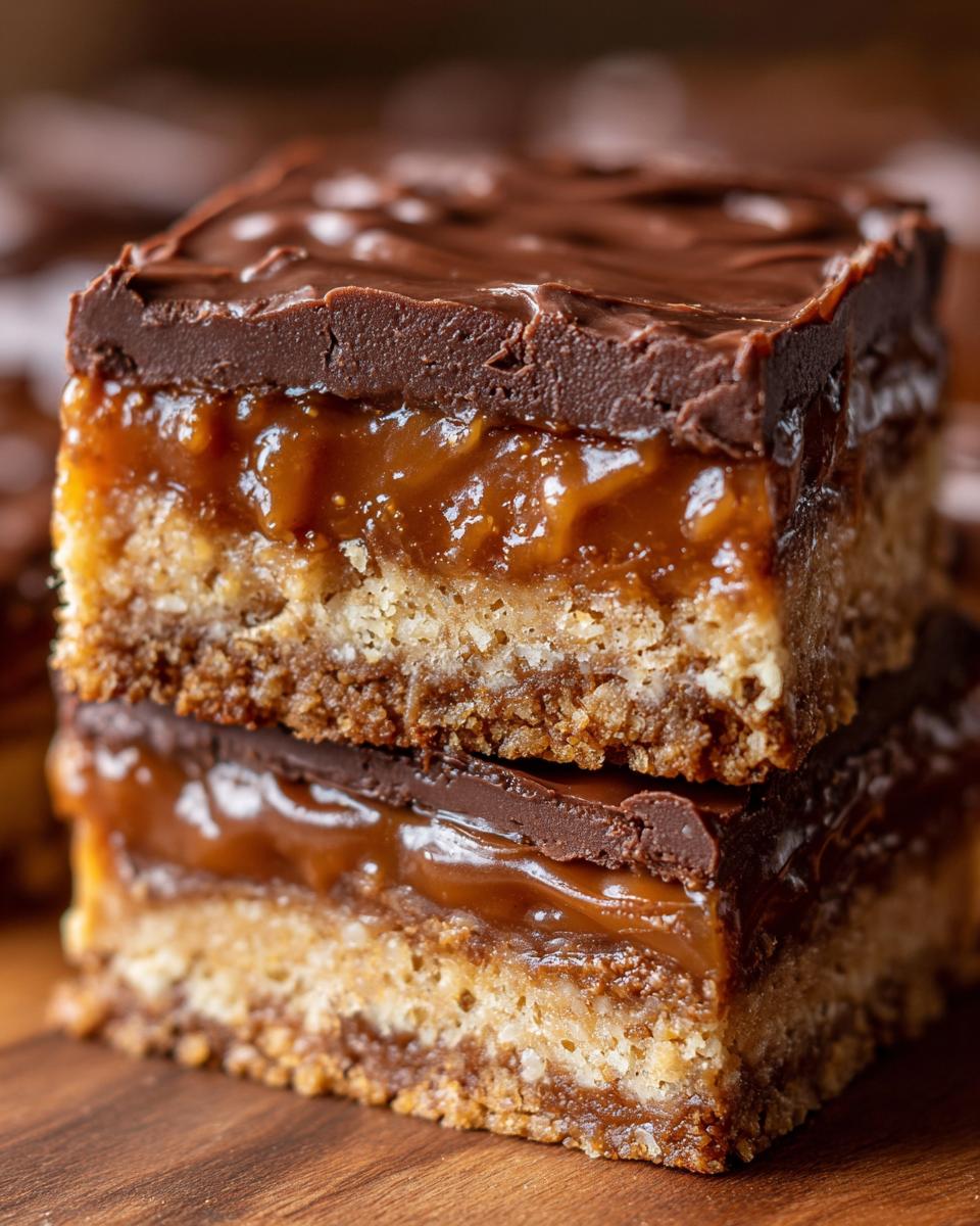 Two stacked squares of graham cracker toffee showing a thick graham base, gooey caramel layer, and rich chocolate topping.