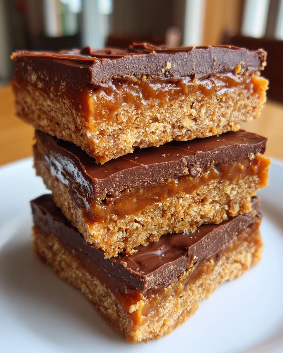 Three stacked bars of graham cracker toffee featuring a crumbly base, thick caramel layer, and dark chocolate topping.