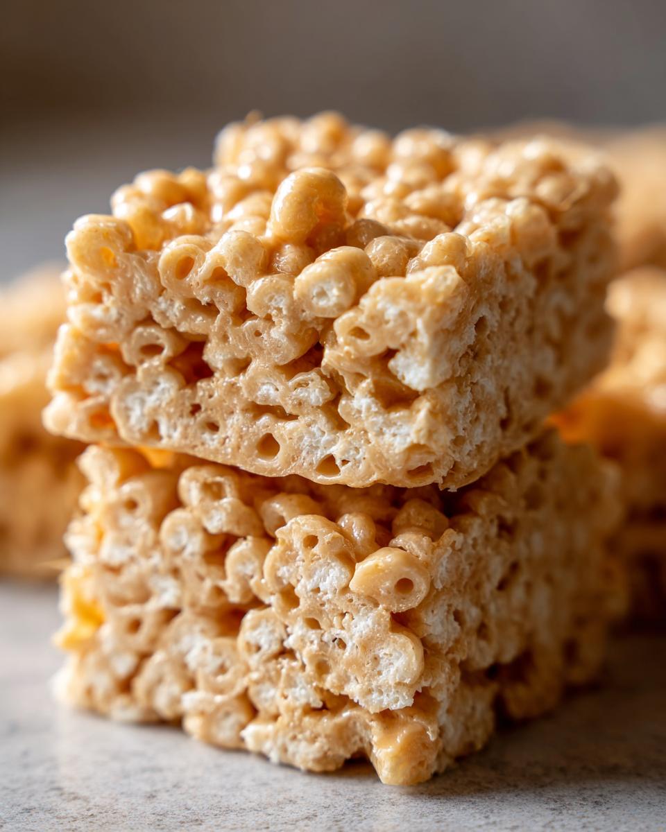 Two stacked, chewy peanut butter rice krispie treats showing the texture of puffed rice cereal bound by peanut butter mixture.