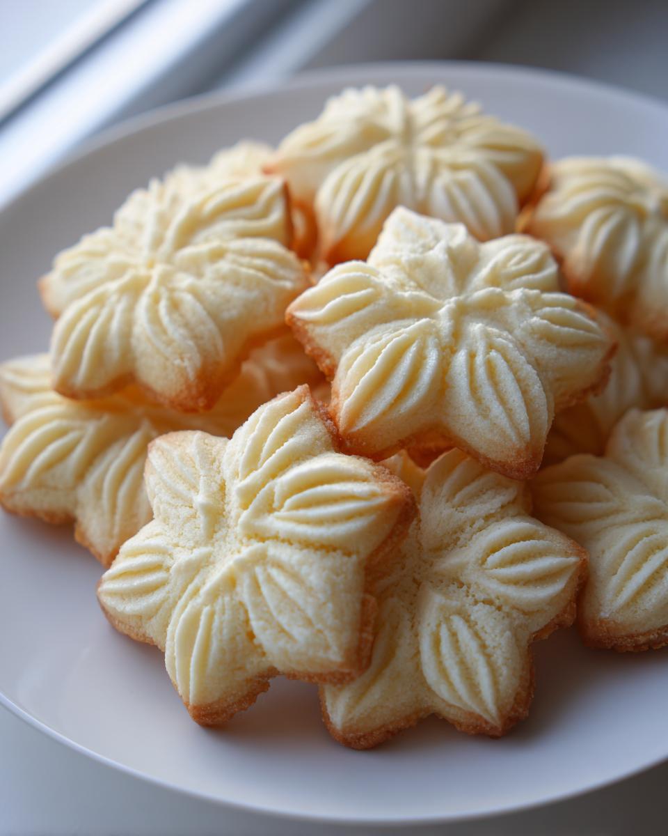 A close-up of several golden-edged, star-shaped butter cookies with piped ridges piled on a white plate.