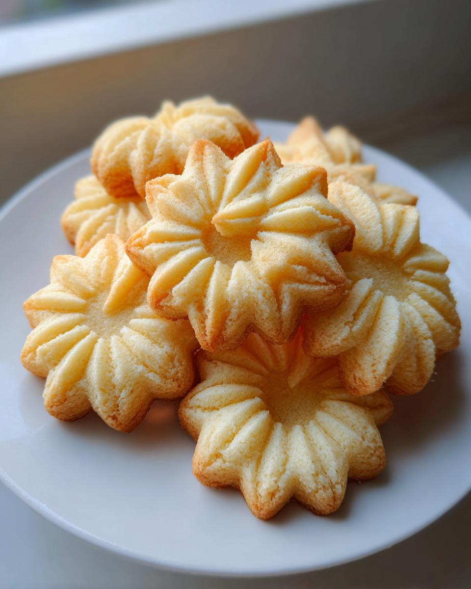 A close-up of several golden, star-shaped butter cookies stacked on a white plate.