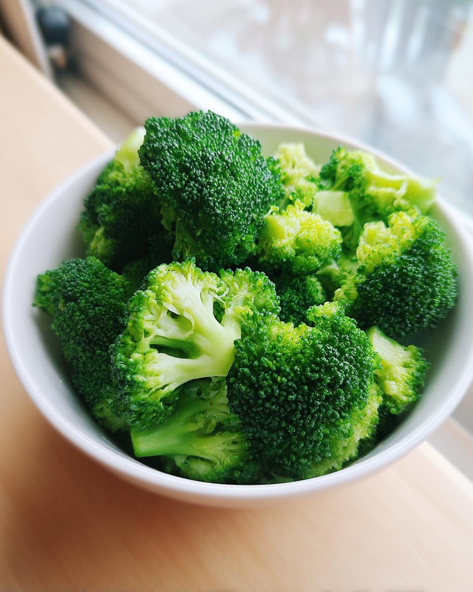 A close-up of bright green, perfectly cooked steamed broccoli florets served in a white bowl.