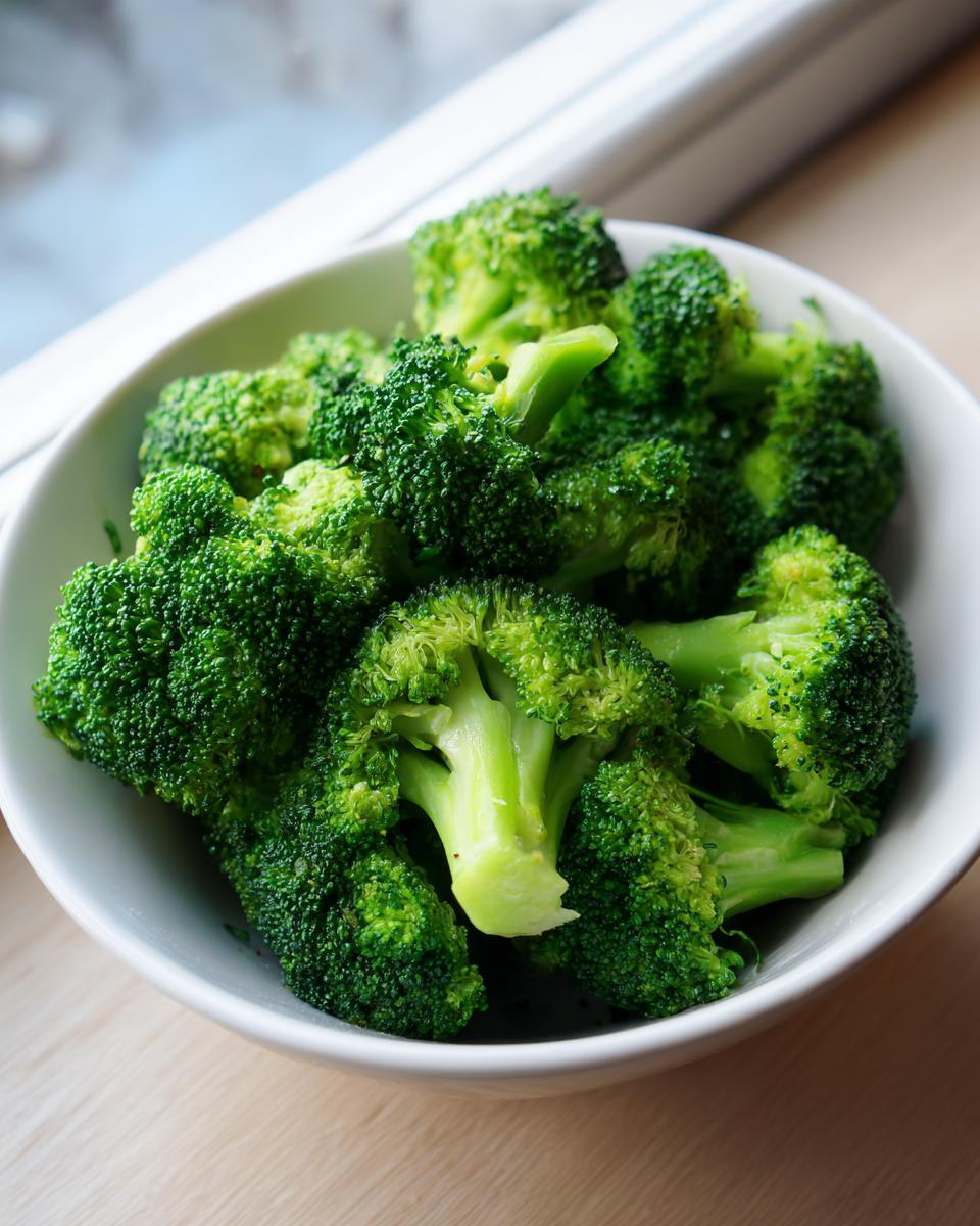 A close-up of bright green, perfectly cooked steamed broccoli florets served in a white bowl.