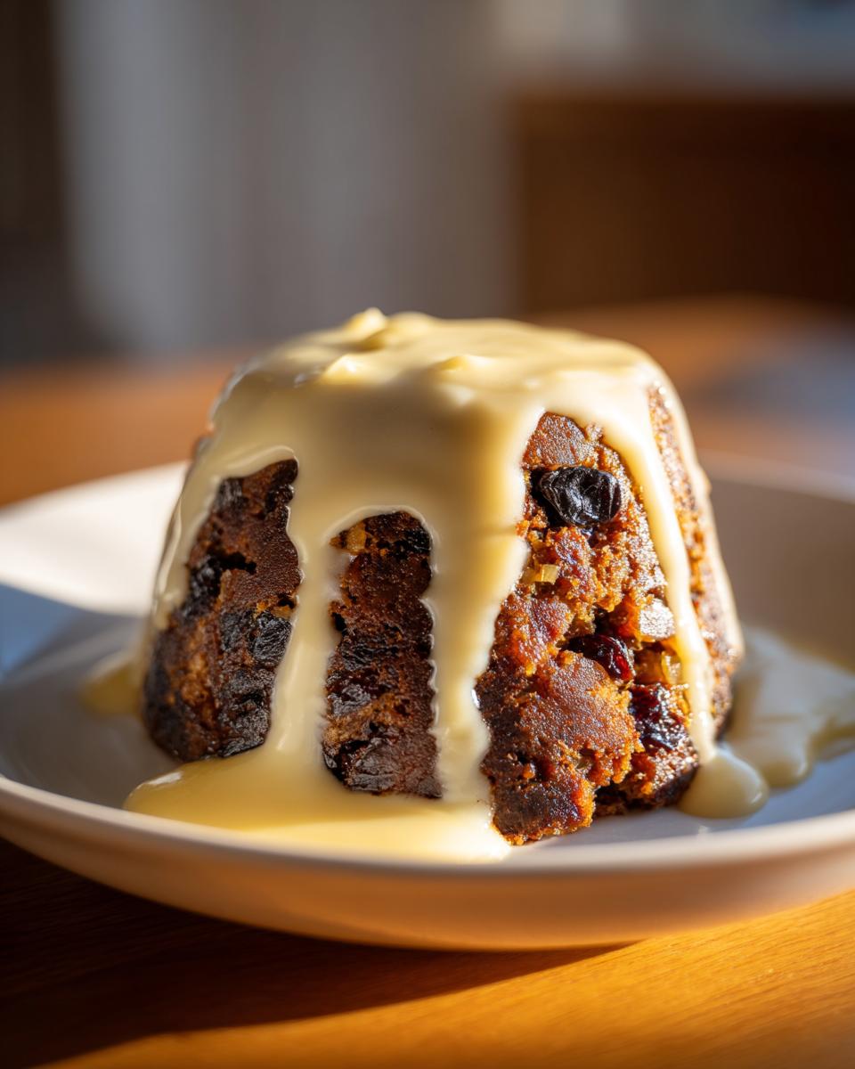 A rich, dark steamed plum pudding topped generously with flowing vanilla custard sauce.