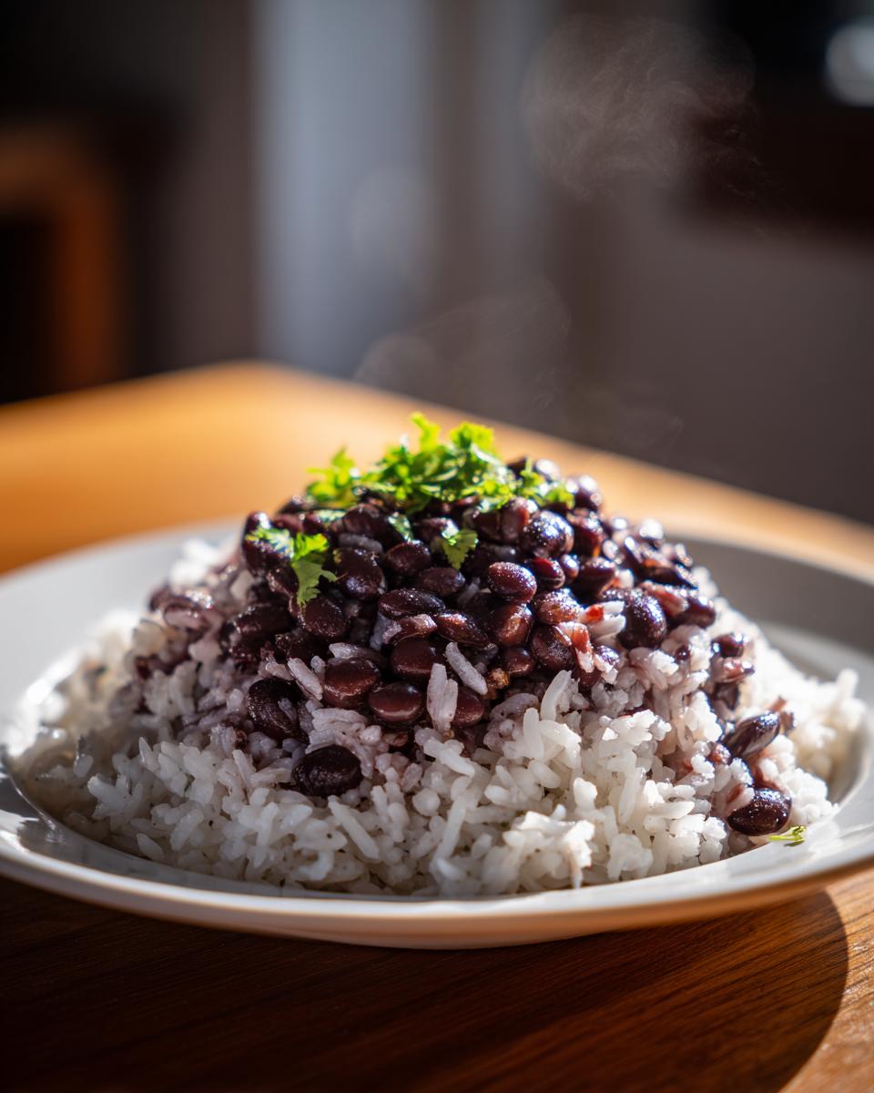 Close-up of a mound of white rice topped with black beans and fresh cilantro, steaming slightly, representing a delicious beans and rice dinner.