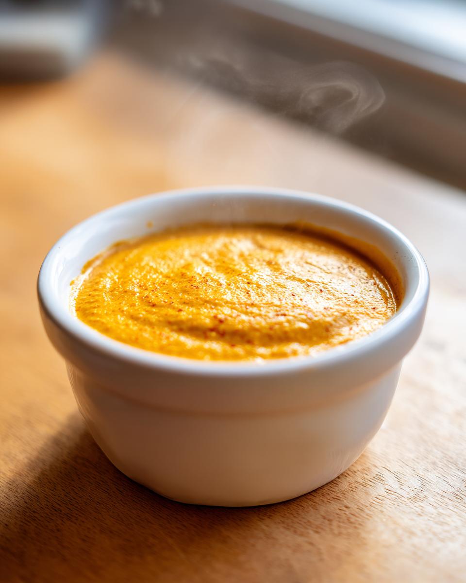 Close-up of hot, vibrant orange beer cheese dip steaming in a small white bowl on a wooden surface.