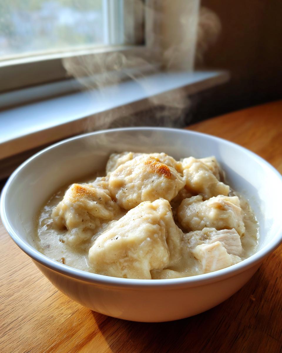 A white bowl filled with hot, steaming chicken and dumplings in a creamy sauce, set on a wooden table near a window.