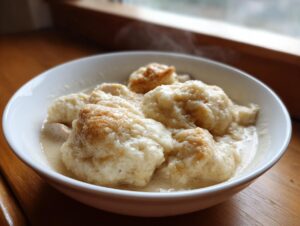 Close-up of a white bowl filled with steaming chicken and dumplings in a creamy sauce, set on a wooden surface.