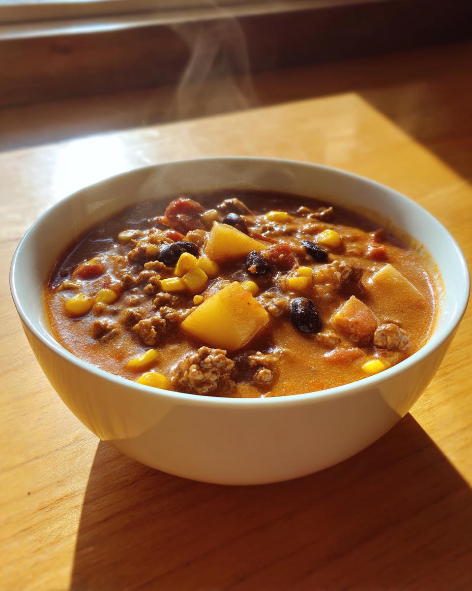 A steaming white bowl filled with hearty cowboy soup featuring ground meat, corn, black beans, and chunks of potato.