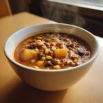Close-up of a steaming white bowl filled with rich, thick cowboy soup containing ground meat, corn, beans, and potatoes.