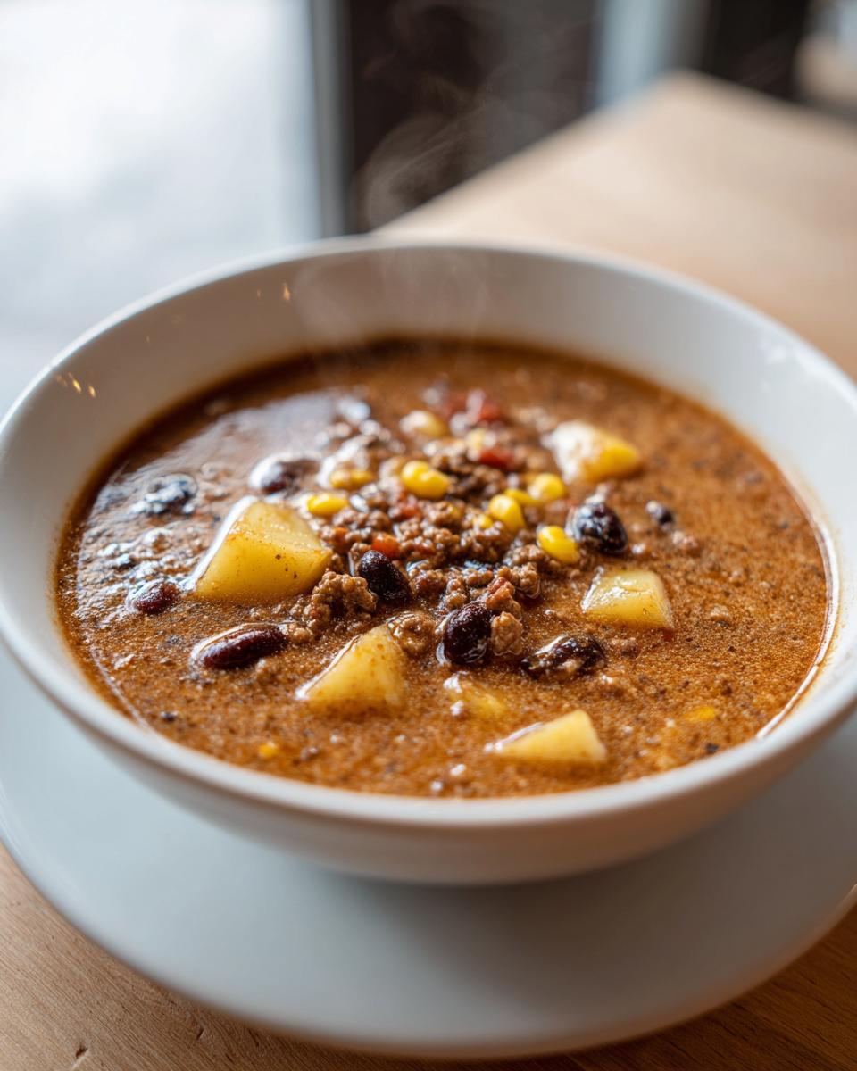 Close-up of a steaming white bowl filled with rich cowboy soup containing ground meat, corn, beans, and chunks of potato.