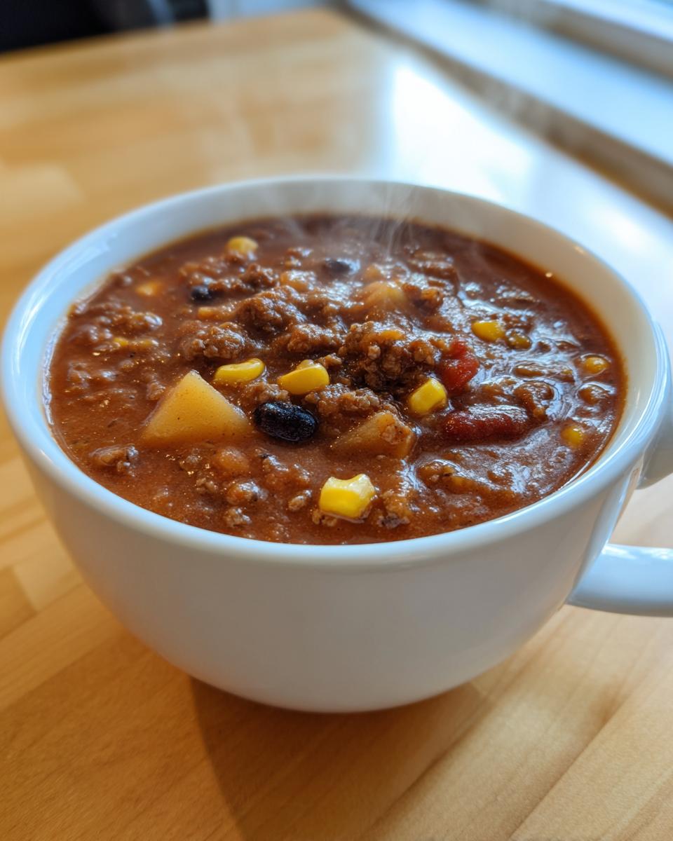 Close-up of a steaming white mug filled with rich, thick cowboy soup containing ground beef, corn, beans, and potatoes.
