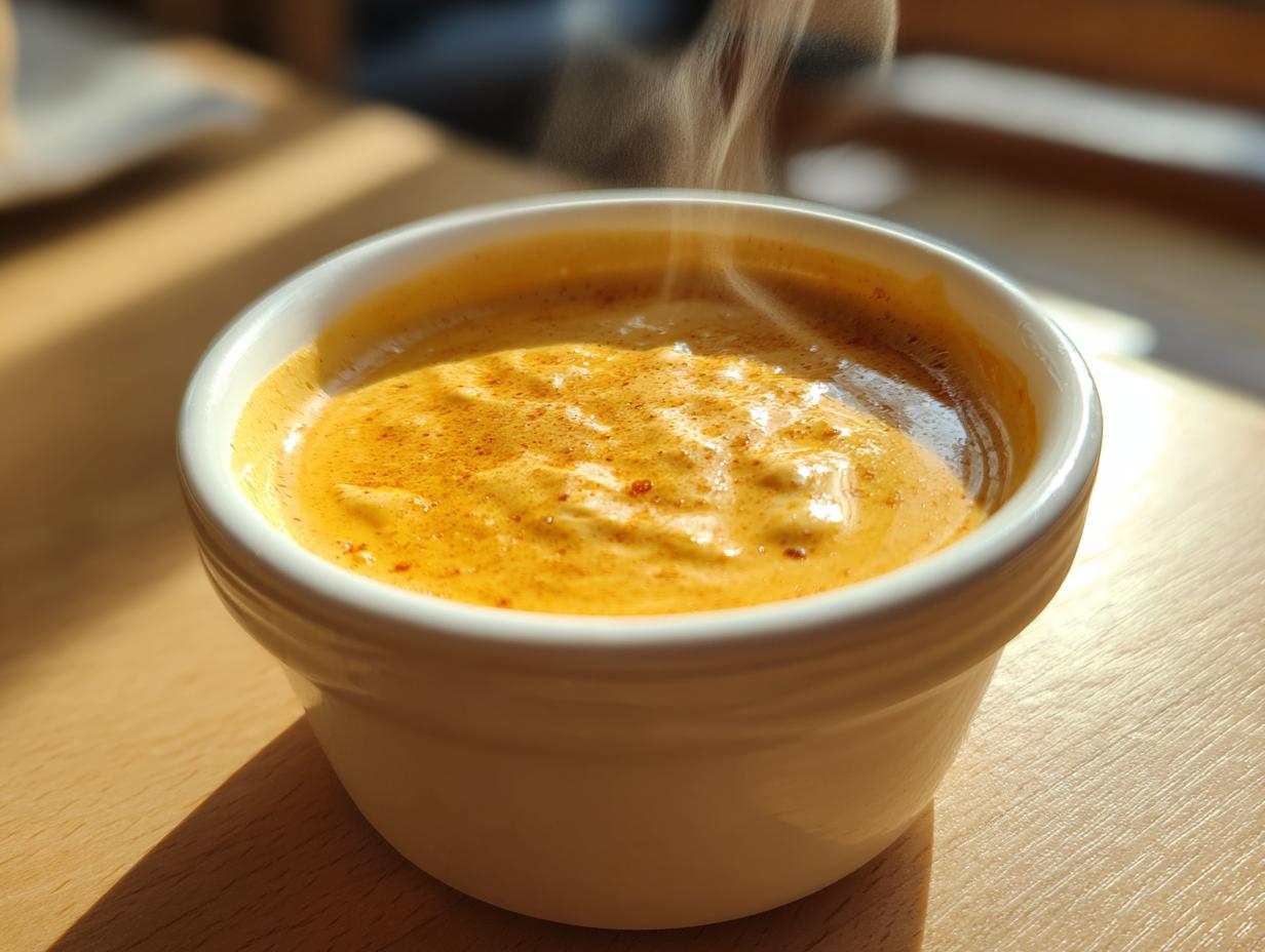 Close-up of hot, steaming beer cheese dip in a small white bowl, showing its rich orange color.