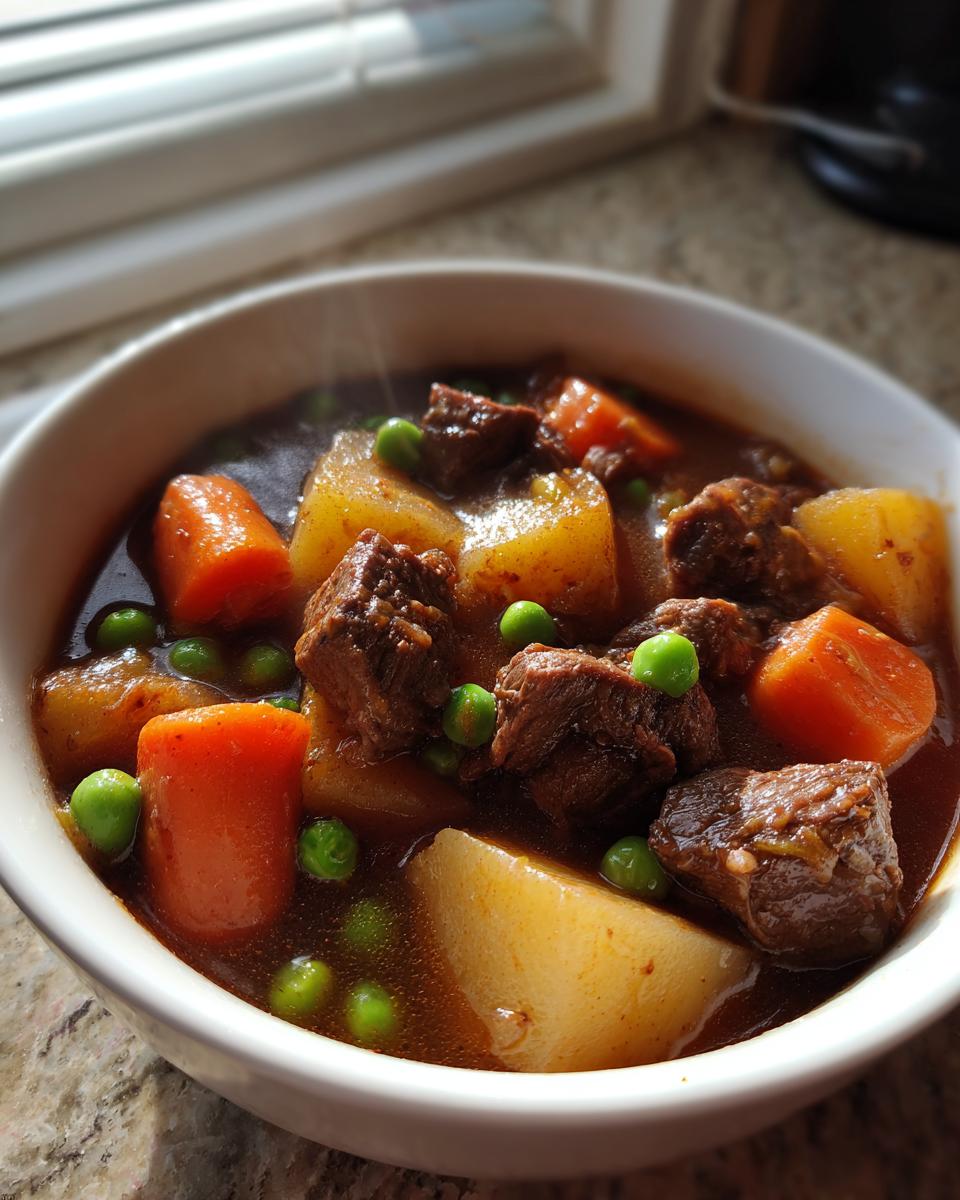 Close-up of a steaming white bowl filled with rich vegetable beef soup featuring chunks of beef, potatoes, carrots, and peas.