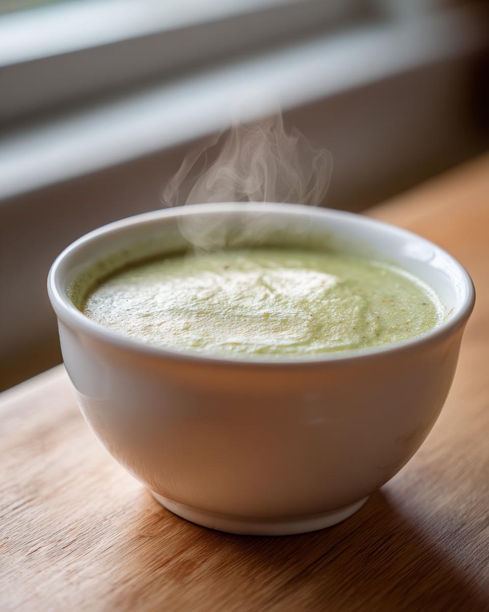 Close-up of hot, velvety celery soup steaming in a white bowl on a wooden surface.