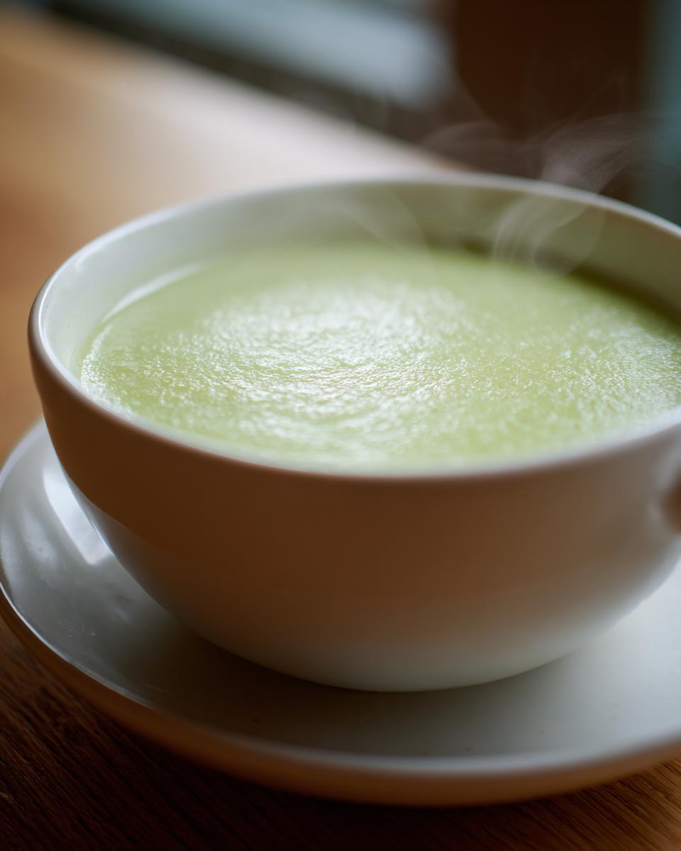 Close-up of hot, velvety celery soup steaming gently in a white bowl on a wooden surface.