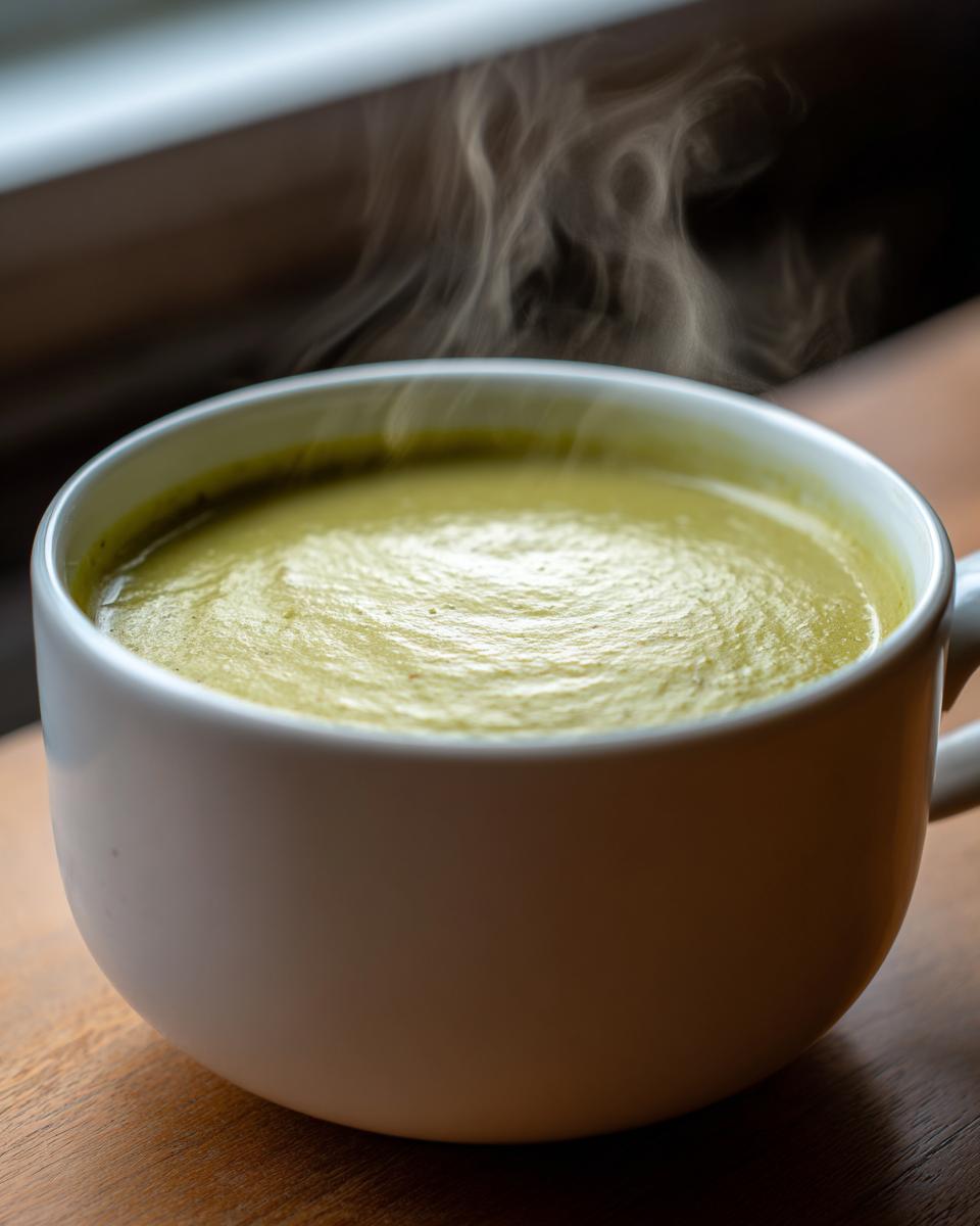 Close-up of steaming hot, velvety celery soup served in a white mug on a wooden surface.