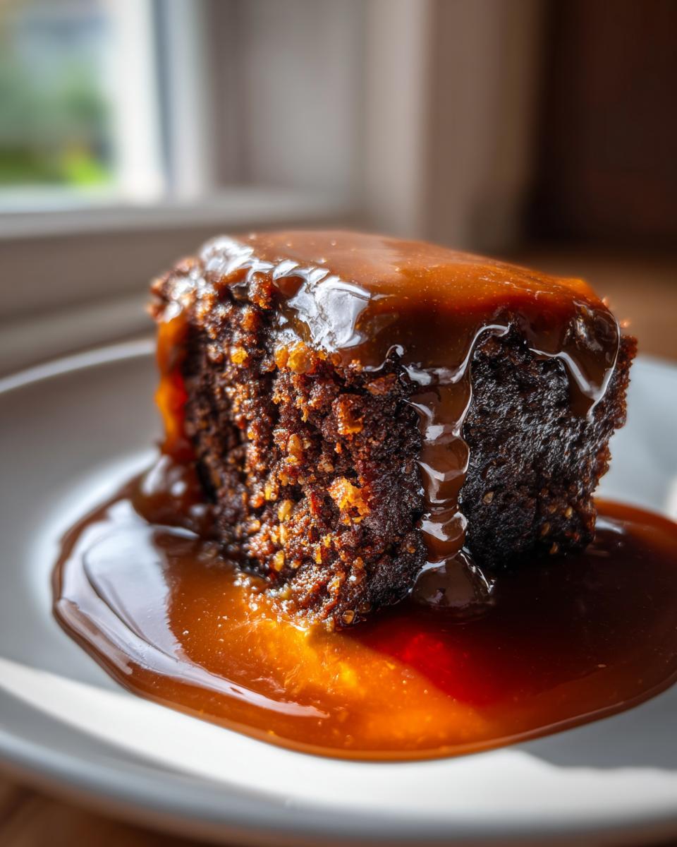 A close-up of a rich, dark slice of sticky toffee pudding recipe generously covered in glossy toffee sauce.