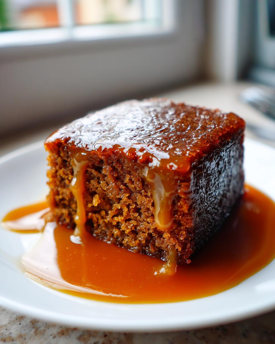 A close-up of a square slice of rich, dark sticky toffee pudding recipe drenched in warm toffee sauce.
