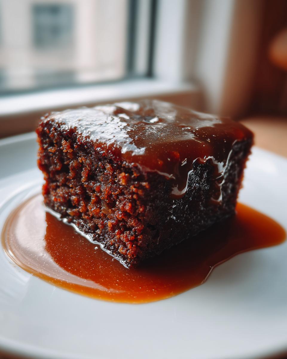 A close-up of a square portion of rich, dark sticky toffee pudding recipe covered in glossy toffee sauce.
