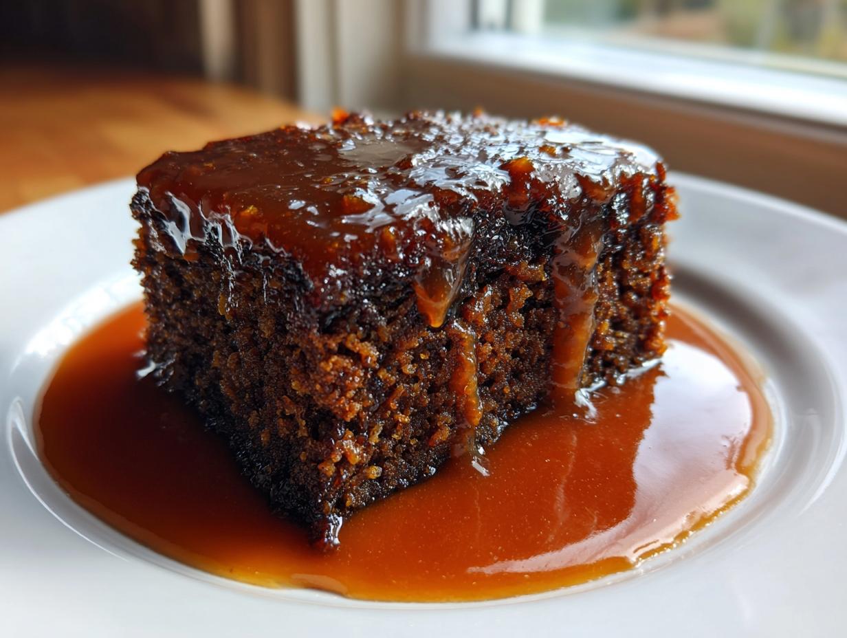 Close-up of a square slice of rich, dark sticky toffee pudding recipe covered in glossy toffee sauce.