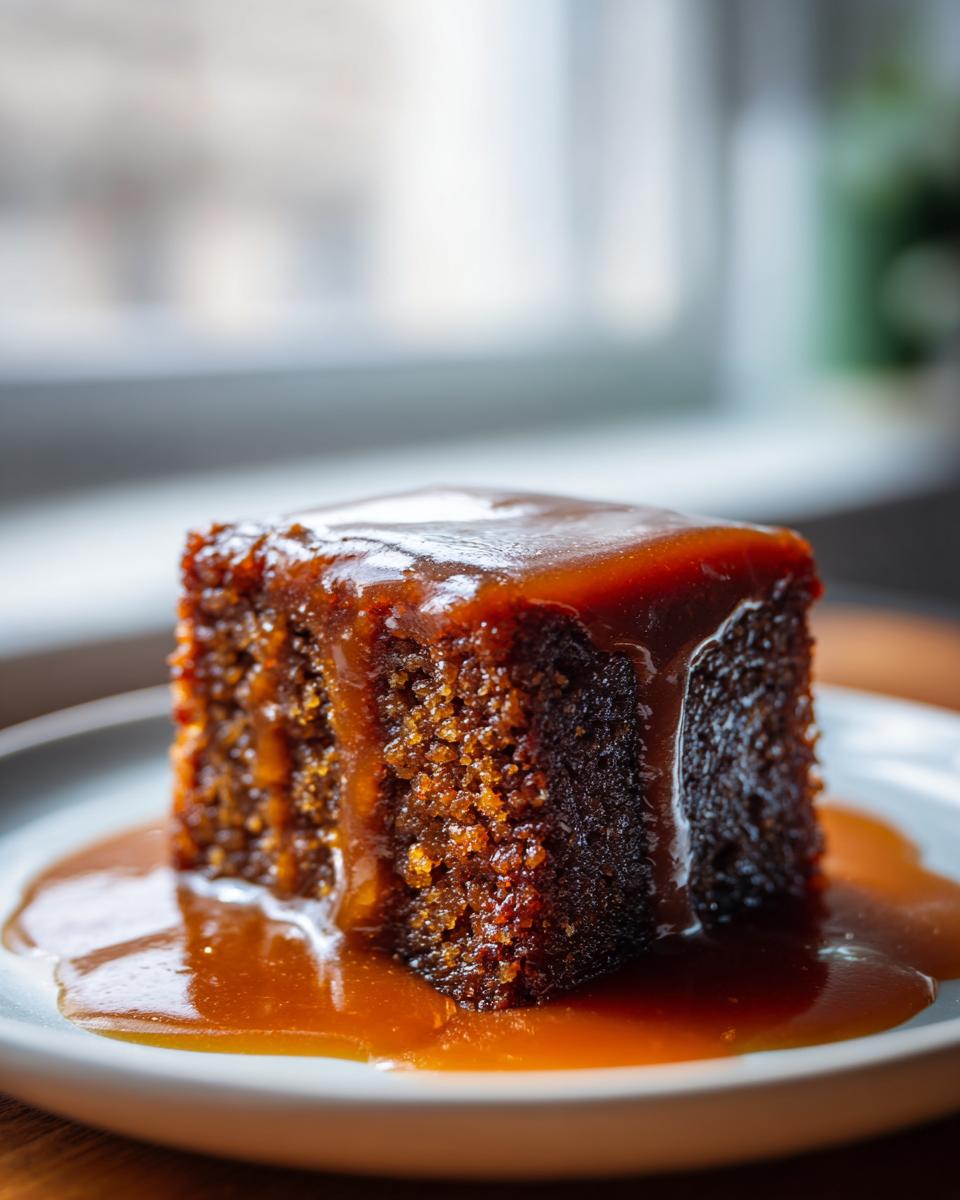 Close-up of a square slice of sticky toffee pudding generously covered in rich toffee sauce.
