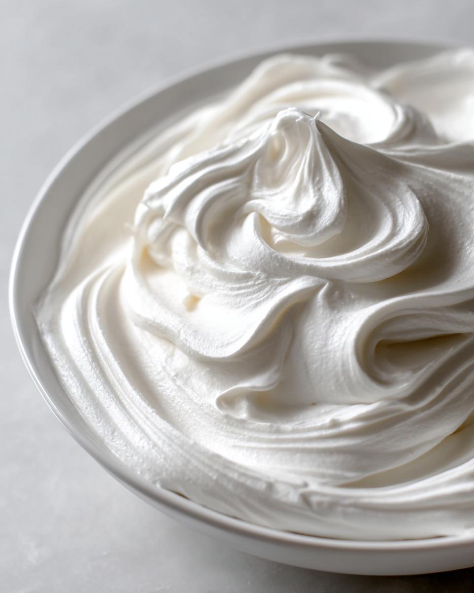 Close-up of thick, white, stiff sugar cookie icing that hardens, piped into swirls in a white bowl.