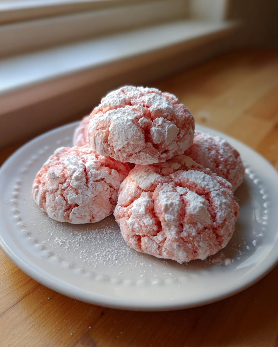 A stack of four pink, cracked strawberry cake mix cookies heavily dusted with white powdered sugar on a white plate.