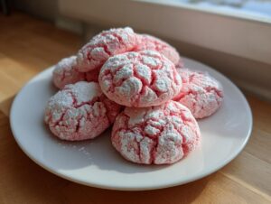 A stack of bright pink, crinkle-coated strawberry cake mix cookies dusted heavily with powdered sugar on a white plate.