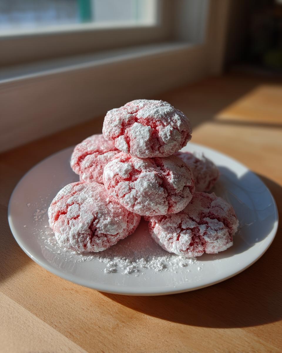A stack of five pink, crinkle-topped strawberry cake mix cookies dusted heavily with powdered sugar.